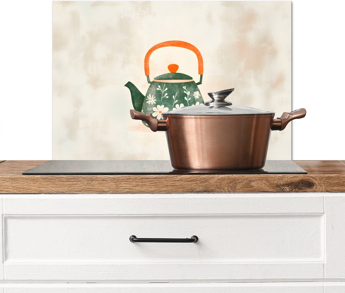 KitchenYeah Spatscherm keuken 70x50 cm Kookplaat achterwand Theepot Groen Bloemen Oranje Muurbeschermer Spatwand fornuis Hoogwaardig aluminium