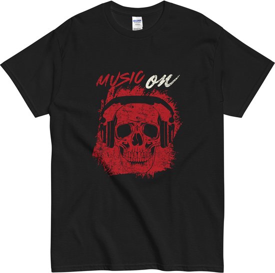 T Shirt voor Muziekliefhebbers - Skull met Headphone - Tekst: Muziek aan - Zwart - 3XL