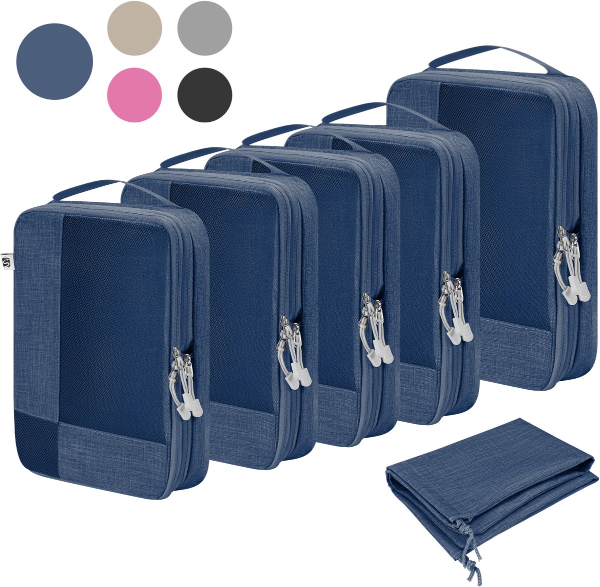Skycases Packing Cubes Compression - Koffer Organizer Set - 6-delige Set - Met Compressie Rits - Voor koffers en tassen - Donkerblauw