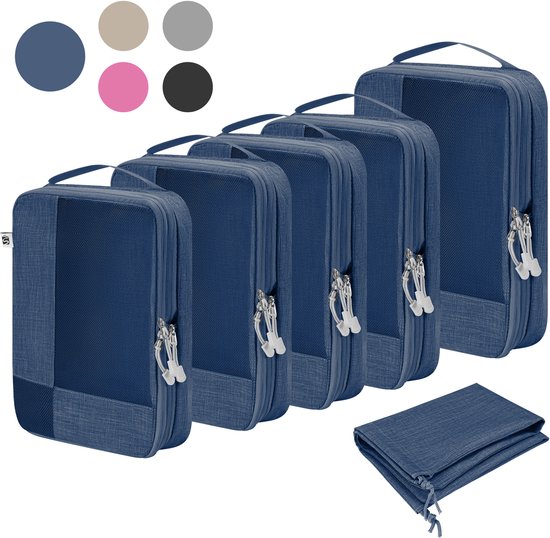 Set van zes donkerblauwe packing cubes van verschillende maten, inclusief een schoenentas. "Hoogwaardig Nylon".