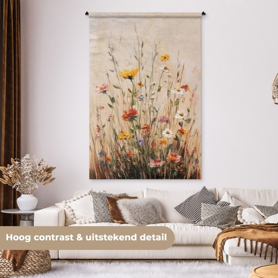 Wandkleed 120x180 cm - Wanddoek Wilde bloemen - Penseelstreken - Rustgevend - Wandtapijt - Wandkleden