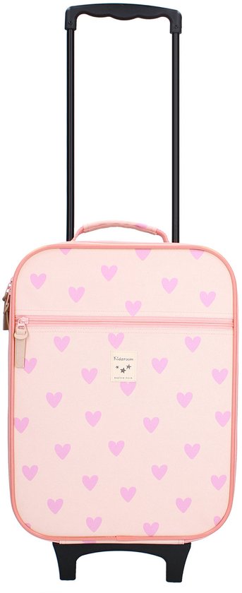 Roze koffer met lichtroze hartjespatroon, ritsvak en uitschuifbaar handvat.