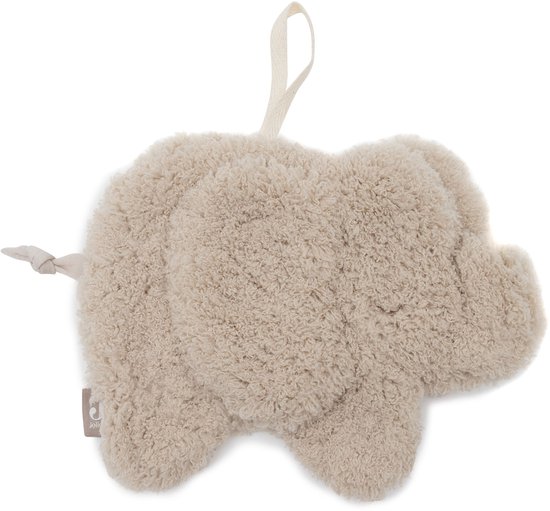 Beige, zacht speendoekje in de vorm van een olifant, met een lus om op te hangen en een Jollein logo.