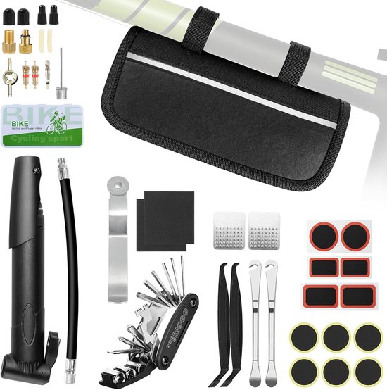 Fietszadeltas, reparatieset en gereedschap, fietsreparatieset met