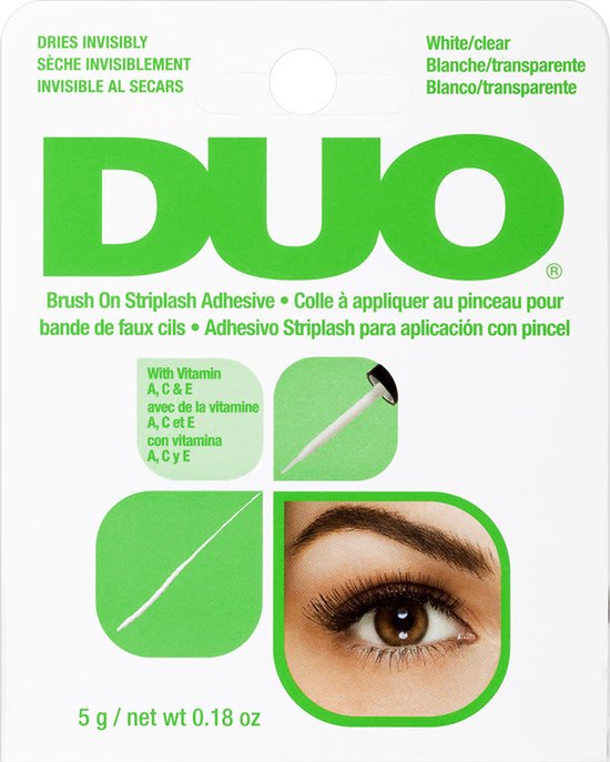 Verpakking met DUO wimperlijm, wit/clear, met instructies en afbeelding van oog.
