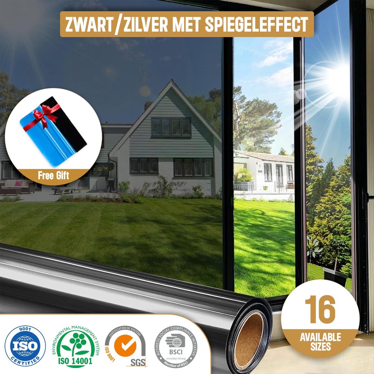 ZIA’S & CO-Raamfolie HR++90x300cm-Zonwerend & Isolerend-Anti inkijk-Statisch-Zwart/Zilver met Speigeleffect-Inclusief Rakel