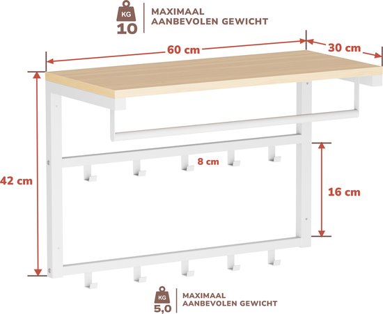Afmetingen kapstok: 60 cm breed, 42 cm hoog, 30 cm diep. Maximaal 10 kg boven, 5 kg onder.