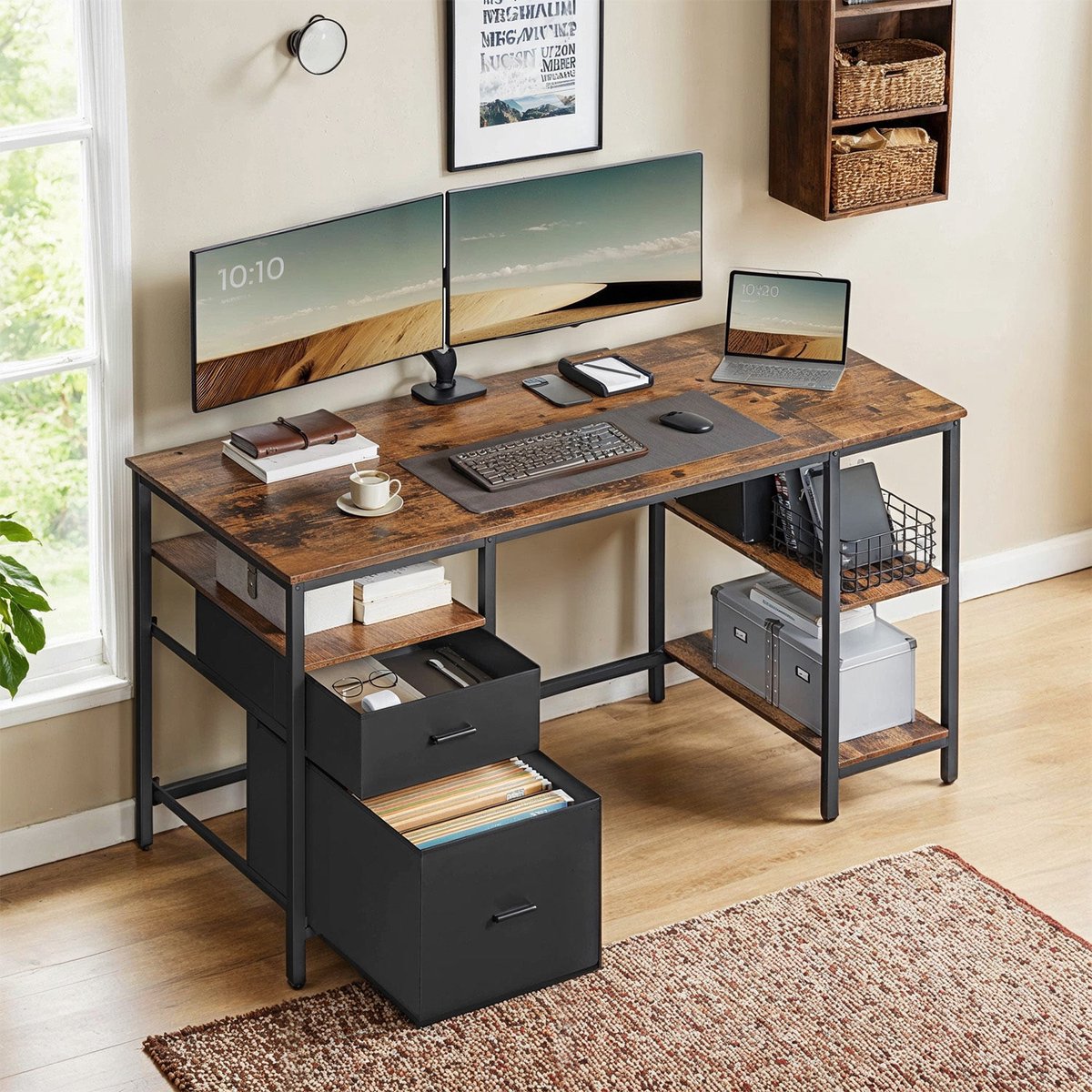 Bureau - Computer - Met 3 Planken en 2 Lades - Vintage Bruin - Zwart