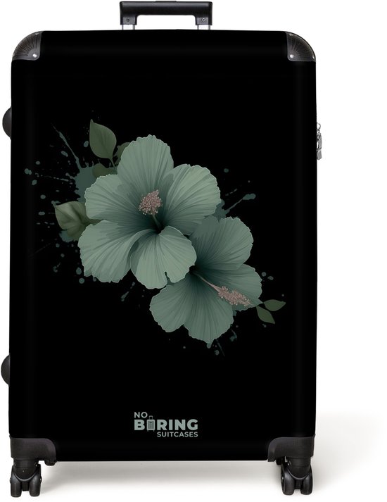 NoBoringSuitcases.com® - Grande valise - Valise de voyage légère - Fond noir avec fleur d'hibiscus verte - Trolley 4 roues - Grand trolley XL - 98 litres de bagages