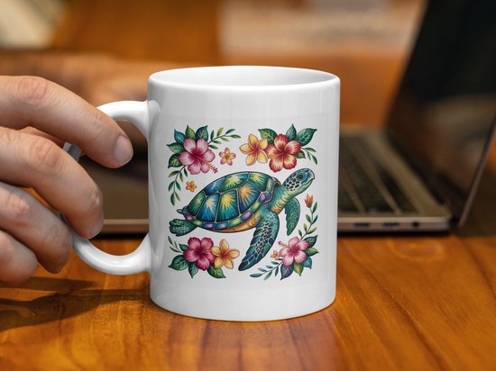 Mug Tortue Tropicale, Mug à Fleurs Hawaïennes, Mug Illustration Tortue Marine, Mug à Café sur le Thema de l'Été, Mug à Thee , Idée Cadeau