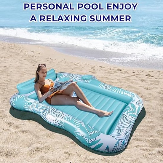 Opblaasbaar luchtmatras, zwembad, dubbel deluxe tanning zwembad, grote waterhangmat voor volwassenen, opblaasbaar zonnezwembad met hoofdsteun en bekerhouder voor zomer, zwembad, strand van Merkloos — afbeelding 2