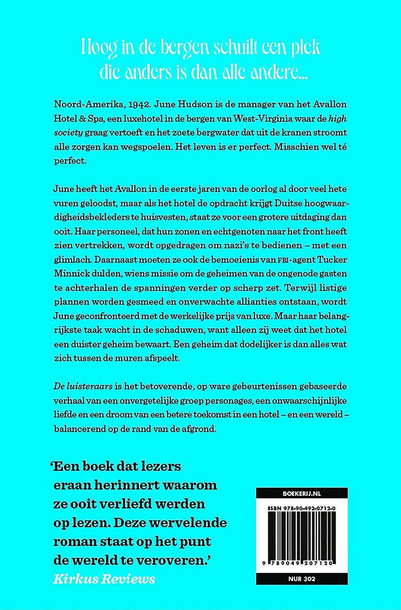 Achterkant van het boek 'De luisteraars' met tekst en een ISBN-barcode.