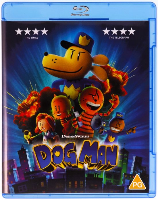 Blu-ray hoes met Dog Man, Petey en Li'l Petey, met explosies op de achtergrond. "DOG MAN" logo.