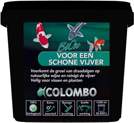 Zwarte emmer met Colombo BiOx label. Het label toont vissen en de tekst 'VOOR EEN SCHONE VIJVER'. Bevat 100% biologisch zuurstof met snelle werking.