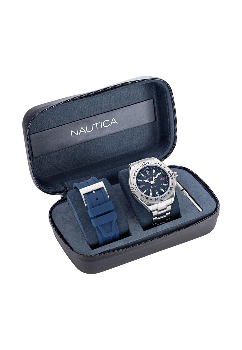 Nautica Clearwater Beach Kwarts Analoog Horloge Zilverkleur Kast: 100 % Roestvrij Staal | Band: 100 % Siliconen 48 mm NAPCWS304, NAPCWS305