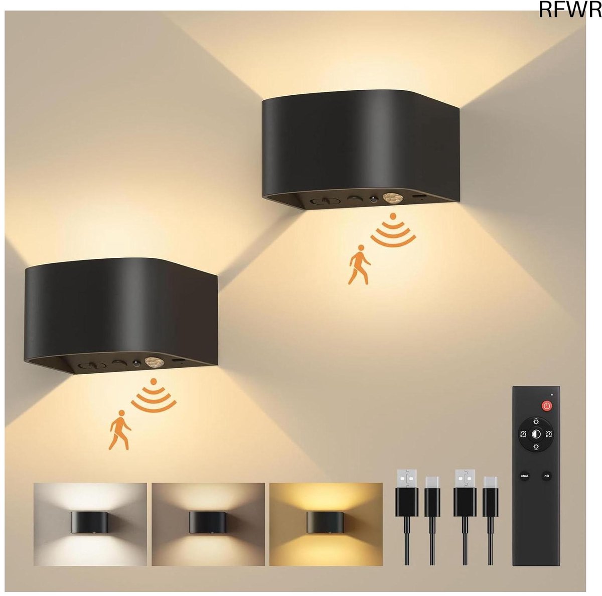 RFWR® Wandlampenset van 2, accu met bewegingssensor en afstandsbediening, LED, instelbare helderheid, oplaadbaar, voor binnen