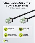 Câble patch CAT 8.1 noir, ultraflexible, avec connecteurs verts. Diamètre 3.8mm, U/FTP (PiMF), double blindage, bande passante 2000 MHz.
