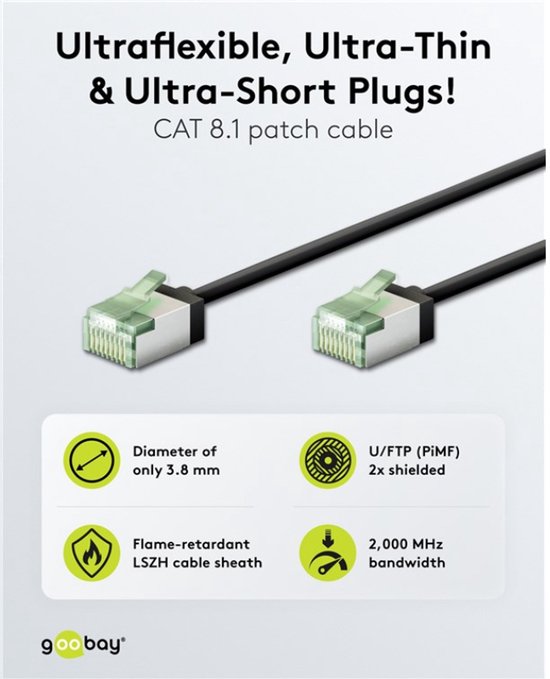 Câble patch CAT 8.1 noir, ultraflexible, avec connecteurs verts. Diamètre 3.8mm, U/FTP (PiMF), double blindage, bande passante 2000 MHz.