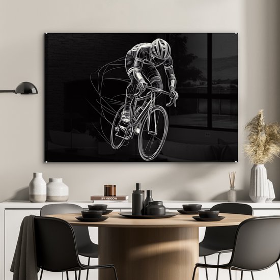 MuchoWow® Glasschilderij 120x80 cm - Schilderij acrylglas - Lijntekening - Wit - Wielrennen - Snelheid - Foto op glas - Muurdecoratie woonkamer - Wanddecoratie slaapkamer - Schilderijen