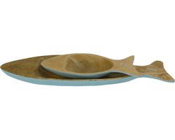 Fine Asianliving Mangohout Decoratieve Schaal Set/2 Vis Handgemaakt in Thailand Blauw