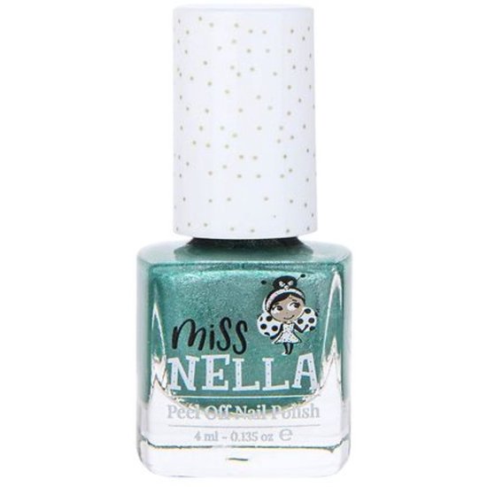Miss Nella Dino Rific Peel Off Nagellak in een glanzend groen. De dop is wit met gouden stippen en heeft een tekening van een meisje met een lieveheersbeestjes-outfit.