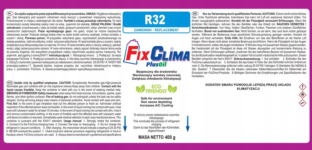 FixClima R134a / R12 Ersatz Kältemittel 3in1 für Auto Klimaanlagen bis 2016
