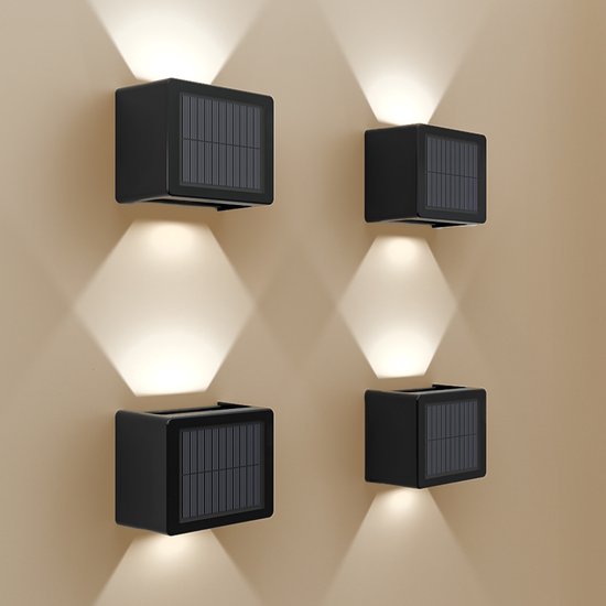 HOFTRONIC - 4x Louis Solar Wandlamp buiten - Kubus - Up & Downlight - CCT Warm wit en koud Wit - Zwart - IP65 waterdicht - Solar tuinverlichting - buitenlamp