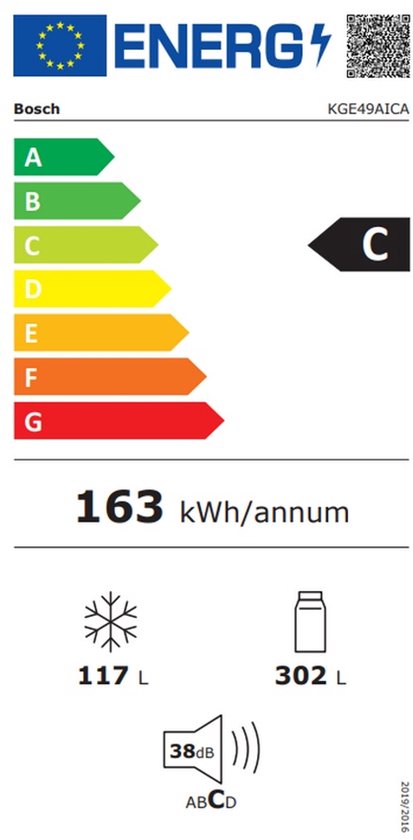 Energielabel C voor Bosch KGE49AICA koelkast, 163 kWh/jaar, 117L vriesruimte, 302L koelruimte, 38 dB geluid.