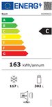 Energielabel C voor Bosch KGE49AICA koelkast, 163 kWh/jaar, 117L vriesruimte, 302L koelruimte, 38 dB geluid.