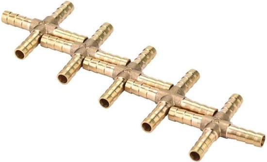Allecto Plus - Messing Cross 4 Weg Slang Joiner Fittings Connector - Geschikt voor Buisverbinding - 6/8/10/12mm - Ideaal voor Air Water Oil Gas Brandstof - Set van 5 Stuks