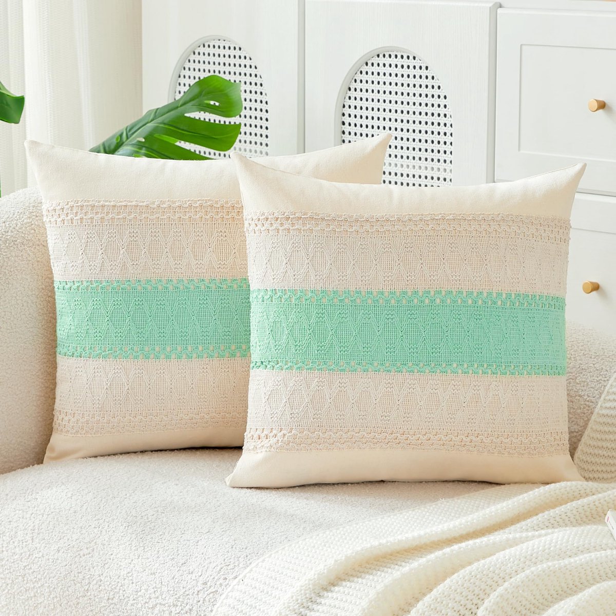 Ibenzoa Katoenen Kussenslopen Set van 2 met Boho Strepenpatroon en Verborgen Ritssluiting lichtgroen