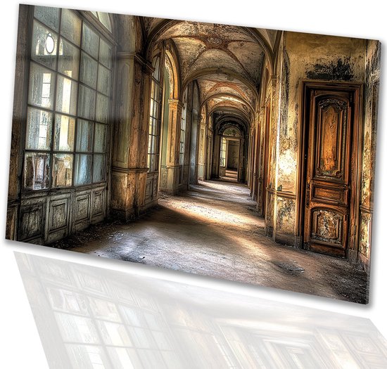 Couloir abandonné dans un ancien palais - Peintures sur verre abandonnées - Décoration murale couloir - Réalisme - Peinture sur plexiglas - Décoration salon - verre acrylique 150x100 cm