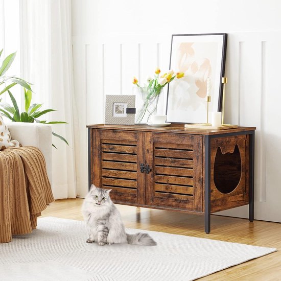 HOOBRO Kattenhuis EBF06MW01, kattenkast voor kattentoilet, kattenbakkast, met lamellendeur, huisdierbox met 4 ijzeren voeten, schattige deuropening in de vorm van een kattenkop