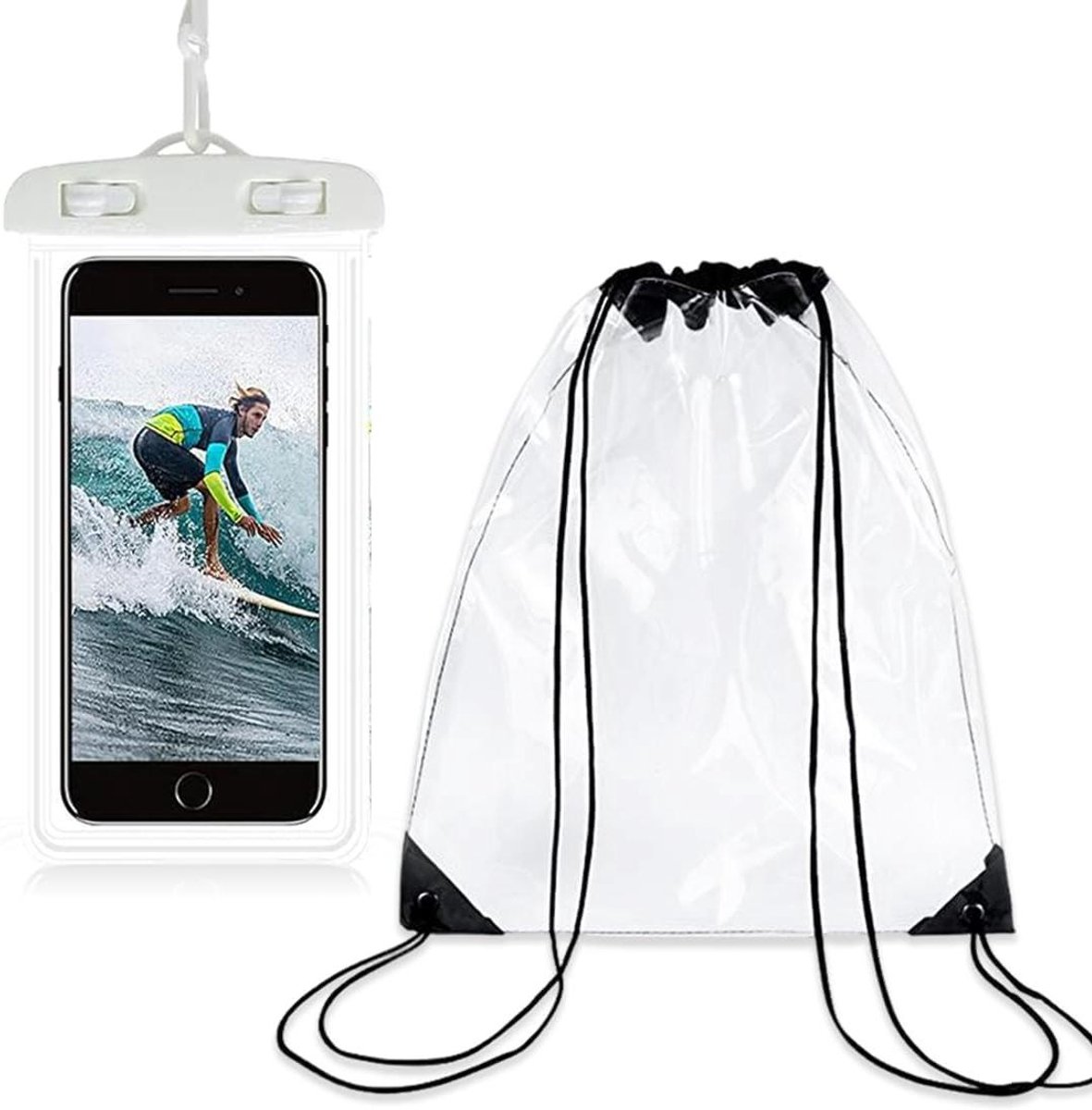 Allecto Plus - Transparante rugzak voor festival en zwemmen - Waterdichte PVC-tas met trekkoord - Sport en fitness - Inclusief waterdichte telefoonhoes