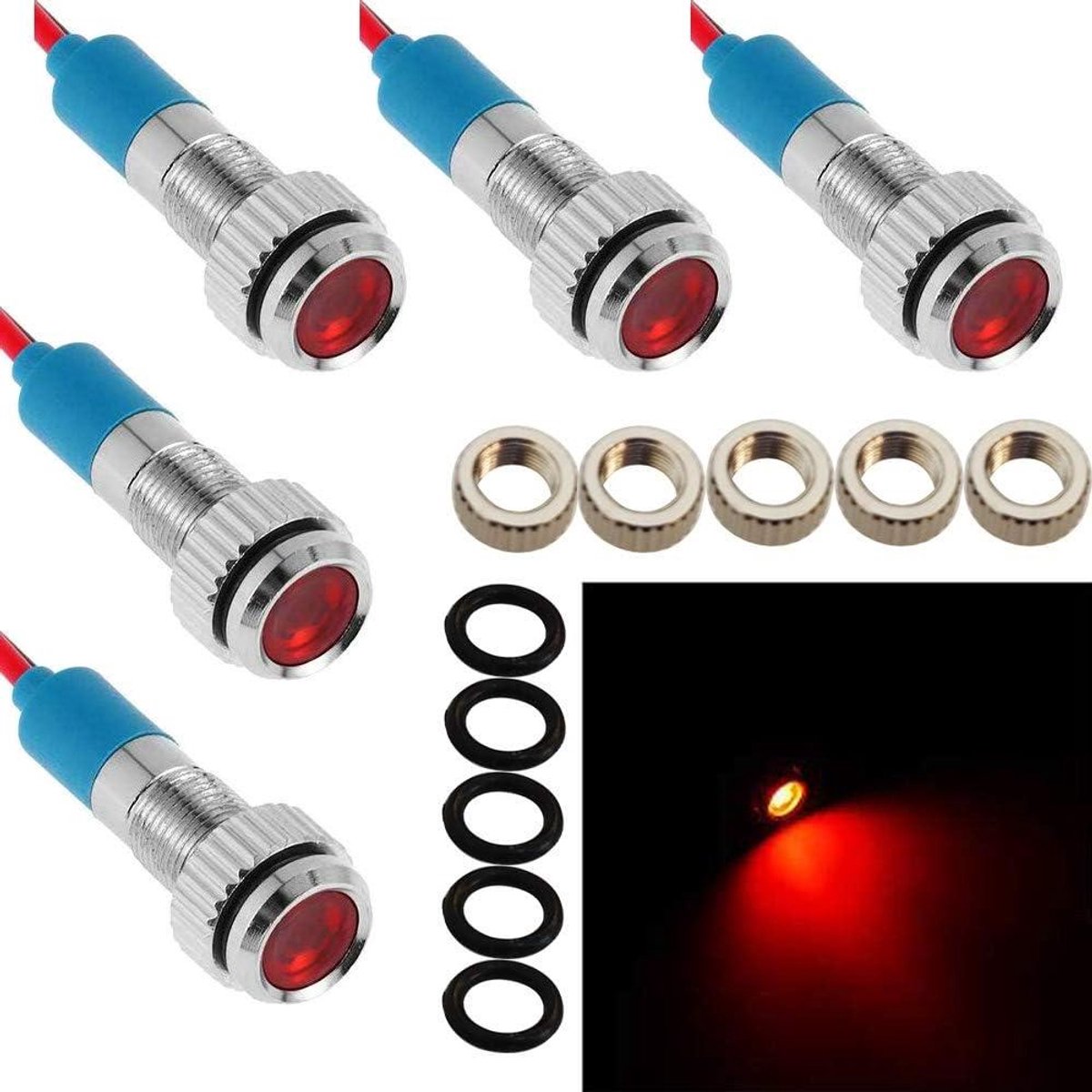 Allecto Plus - 5-delige set LED metalen indicator licht 6mm 12V waterdicht voor auto, boot - Rode kleur