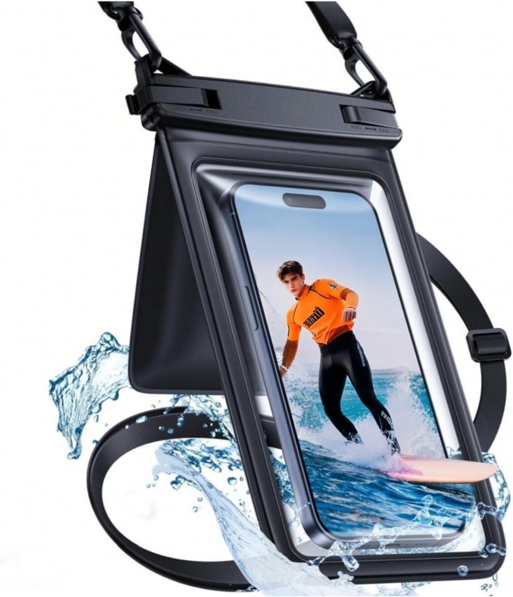 Allecto Plus - Waterdichte telefoonhoes IPX8 - zwart - Voor iPhone en smartphones tot 199 cm - Verstelbaar trekkoord - Dubbel vakontwerp.