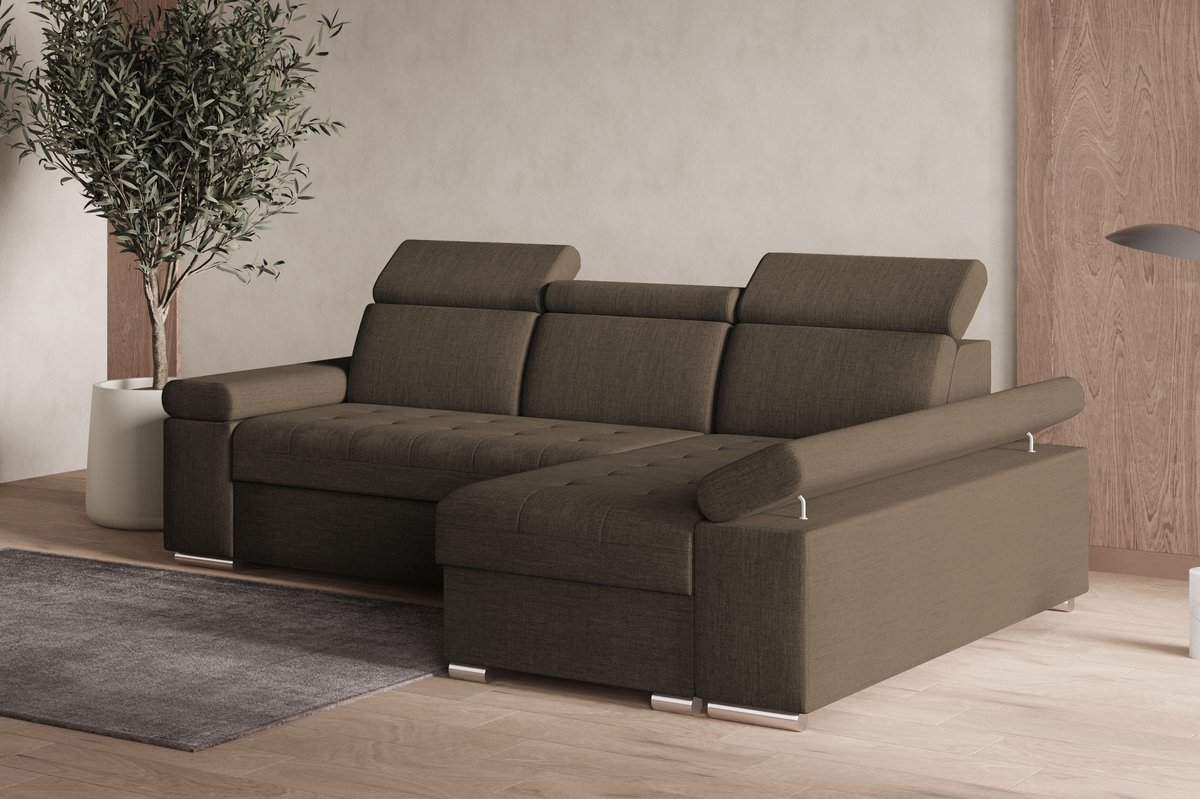 Hoekbank L met slaapfunctie, verstelbare hoofdsteunen & bedlade – Moderne slaapbank met opbergruimte – Hoekbank Luka L – Bruin (Twist 06) – Rechts