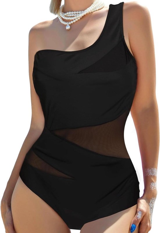 Badpak met Mesh Schouderbanden en Buikcontrole - Elegante Zwemkleding voor Dames