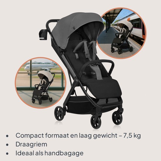 Grijze en zwarte Lionelo kinderwagen, ideaal als handbagage, getoond op reislocaties.