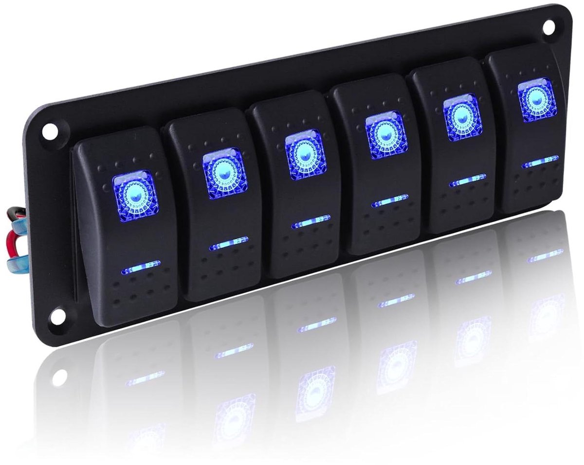 Allecto Plus - 6-voudig Toggle Schakelpaneel met Blauw Verlichte Rocker Switch voor Auto, Boot, RV - 12V-24V - 1 Stuk