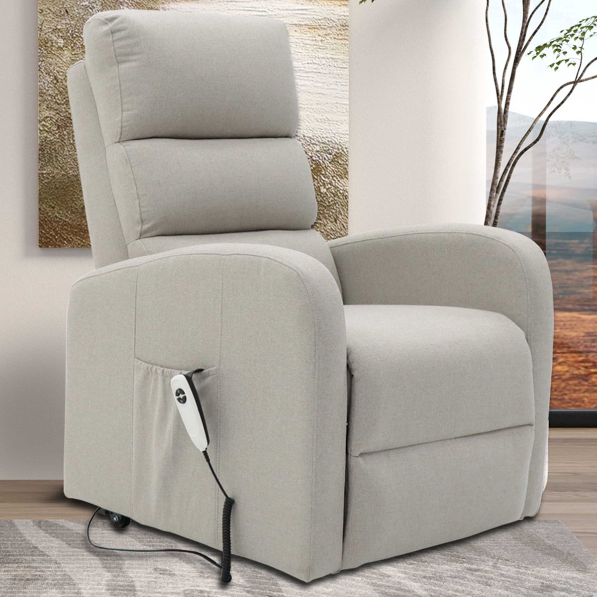 Zetel met lift/ Elektrische relaxzetel Bruges | 73 x 85 x 10Elektrische relaxfauteuil met sta-op functie Bruges – lichtgrijs stof – 1 motor – verstelbaar – 73x85x106 cm6 cm | lichtgrijs/Relax zetel/Fauteuil