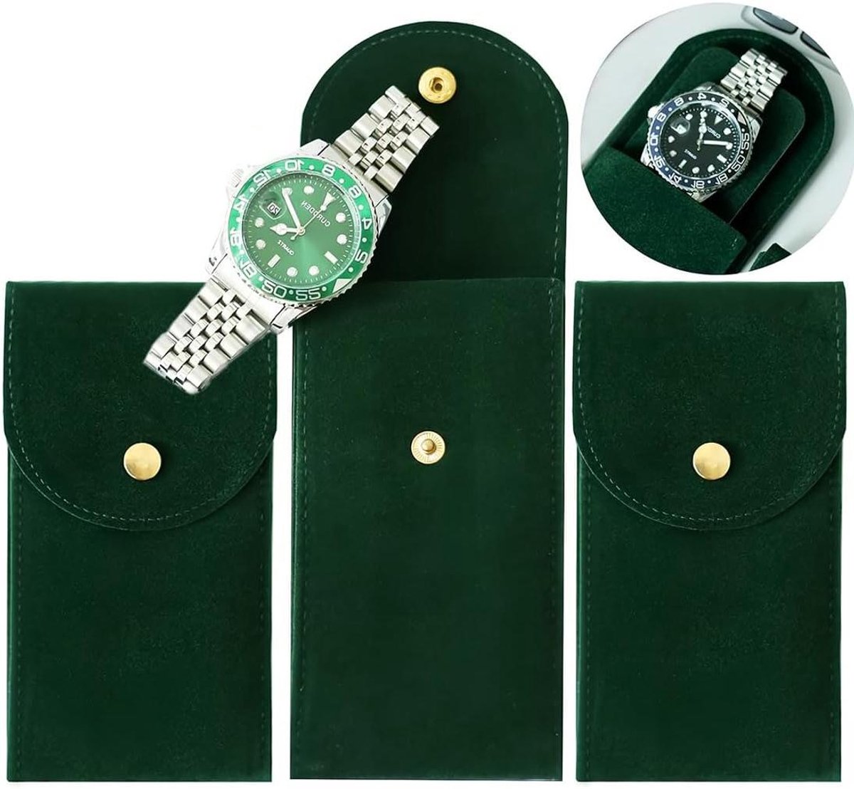 Allecto Plus - Set van 3 Heren Horloge Opbergzakken met Drukknop Reisbestendig voor Buitenreizen Sieraden (Donkergroen)