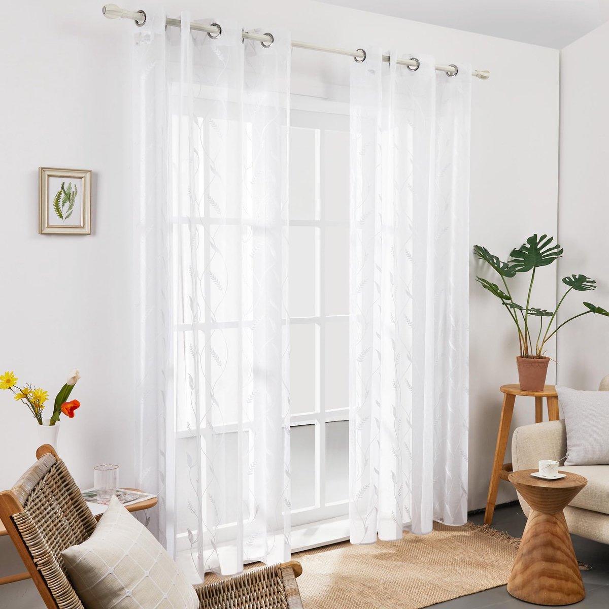 Ibenzoa Transparante Voile Gordijnen Set van 2 met Elegante Borduurdetails voor Huisdecoratie wit