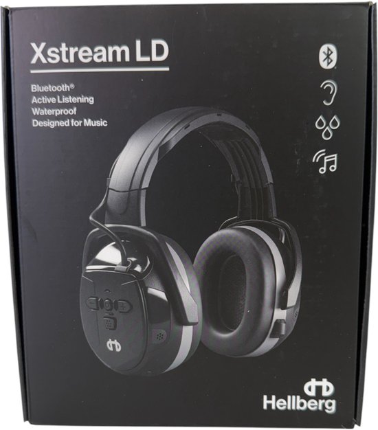 Doos met Hellberg Xstream LD koptelefoon, met afbeelding van de zwarte koptelefoon.