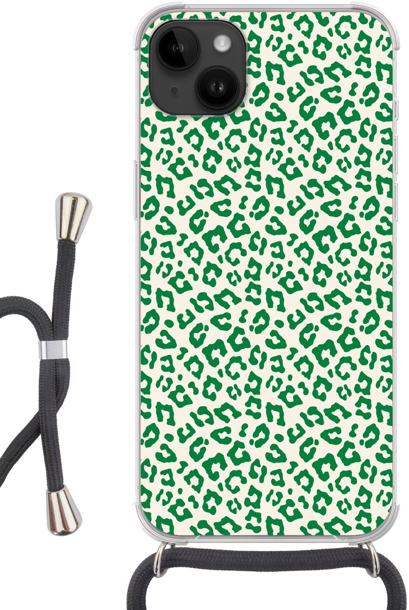 Telefoonhoesje Geschikt voor Apple Iphone 14 Max - Panterprint - Groen - Beige - Dierenprint - Siliconen - Crossbody - Backcover met Koord - Telefoonhoesje met koord - Hoesje met touw Telefoonhoesje