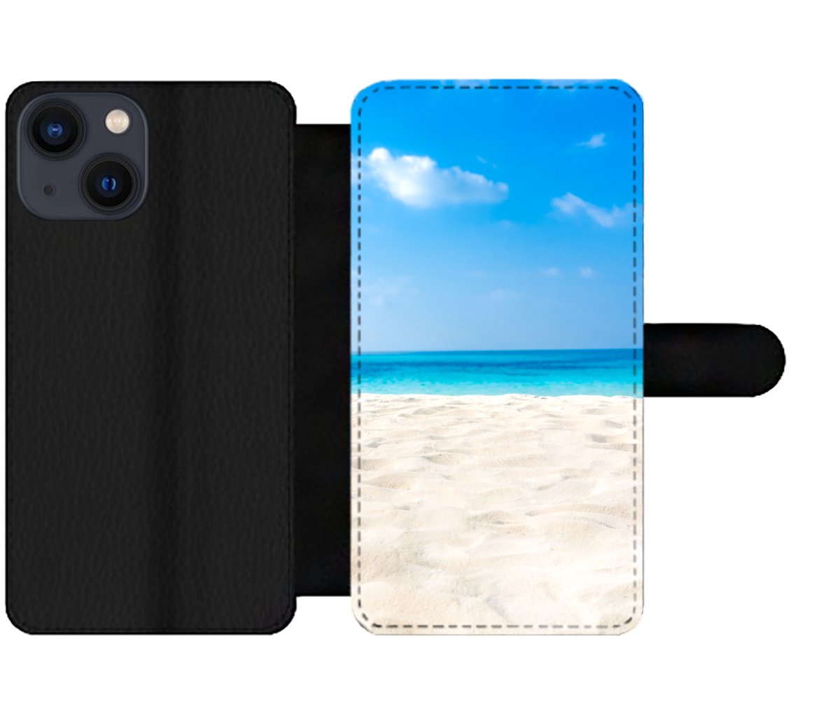 Telefoonhoesje Geschikt voor iPhone 13 Mini telefoonhoesje - Strand - Zee - Zand - Met vakjes - Wallet case met magneetsluiting