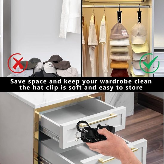 Pack van 2 cap holders - praktische wand cap holder - baseball cap holder - cap holder met 16 clips - cap organiser met 2 haken - zelfklevend - voor het opbergen van hoeden - basque cap en meer van Merkloos	 — afbeelding 3