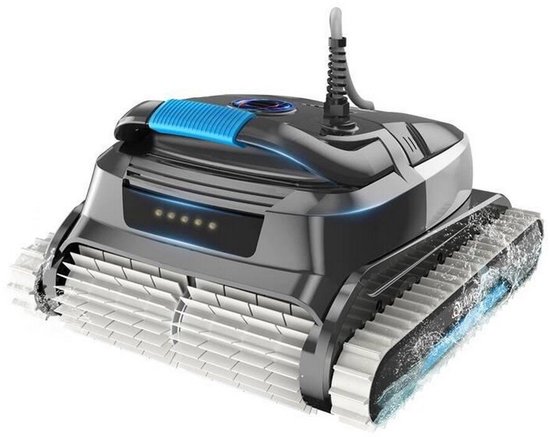 Zwarte robotstofzuiger met grijze rupsbanden en blauwe accenten, in het water.