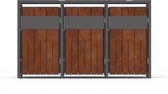 Grijze containerberging met drie fronten van roestkleurig hout, achtergrond zwart.