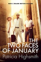 Drie personen in zomerse kleding met hoeden staan voor oude stenen zuilen. De tekst luidt 'THE TWO FACES OF JANUARY' en 'Patricia Highsmith'.
